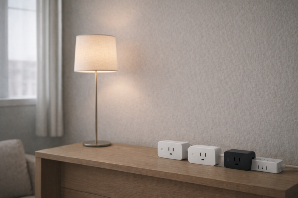 Budget smart plugs connected to a lamp and power strip in a simple apartment setting.