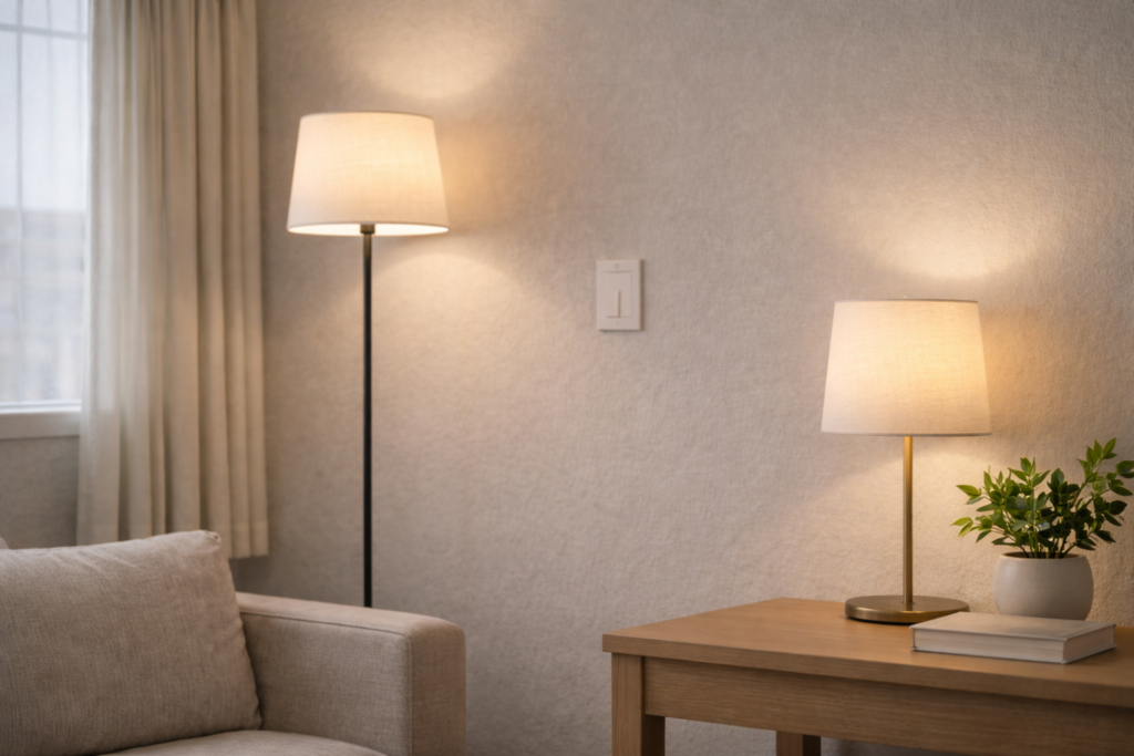 Budget smart bulbs in everyday lamps providing warm white lighting in a modest apartment.
