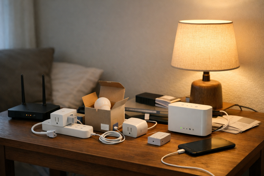 Modest apartment table with smart home devices, packaging, and a router, representing the hidden costs of smart home setups.