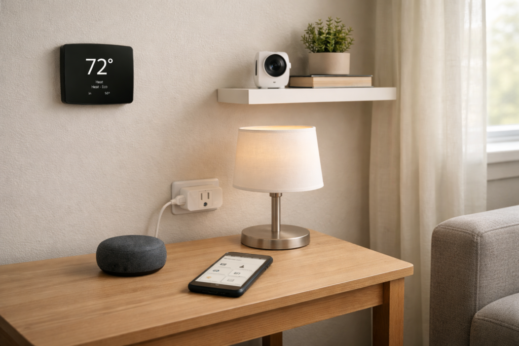 Budget smart home setup showing smart plugs, lighting, security camera, thermostat, and phone automation dashboard.