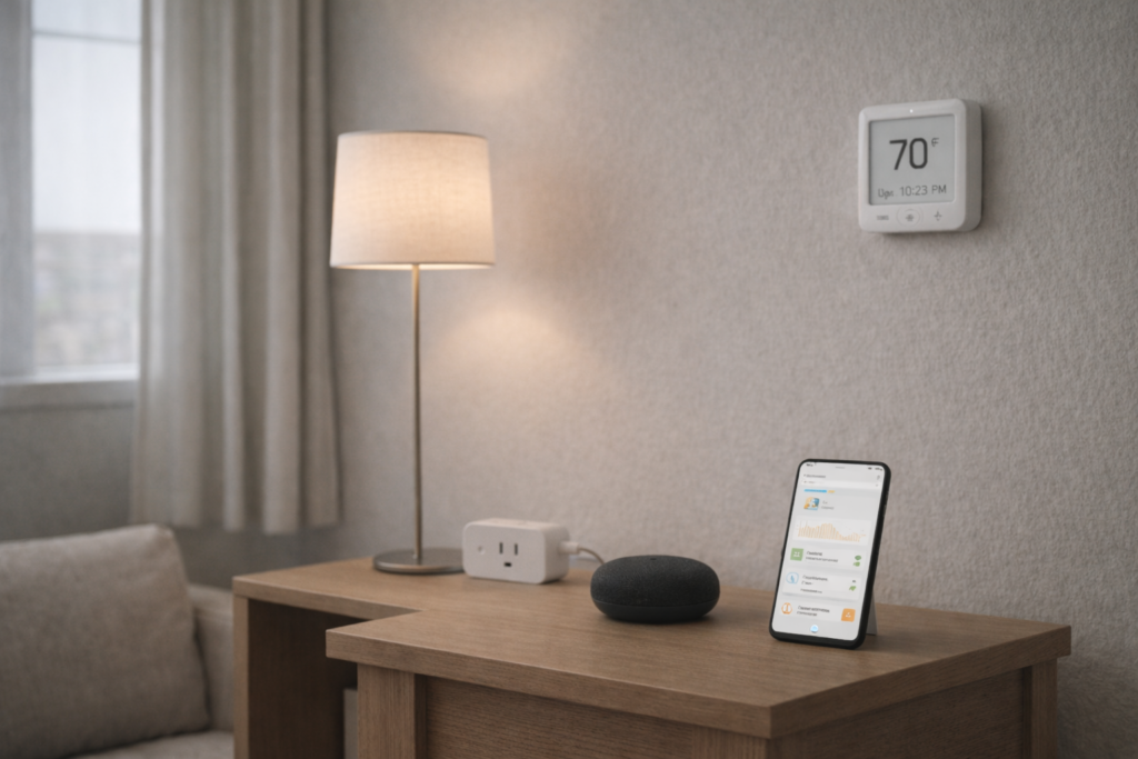 Smart home devices reducing energy waste with a smart plug, thermostat, and simple automation setup in a modest apartment.