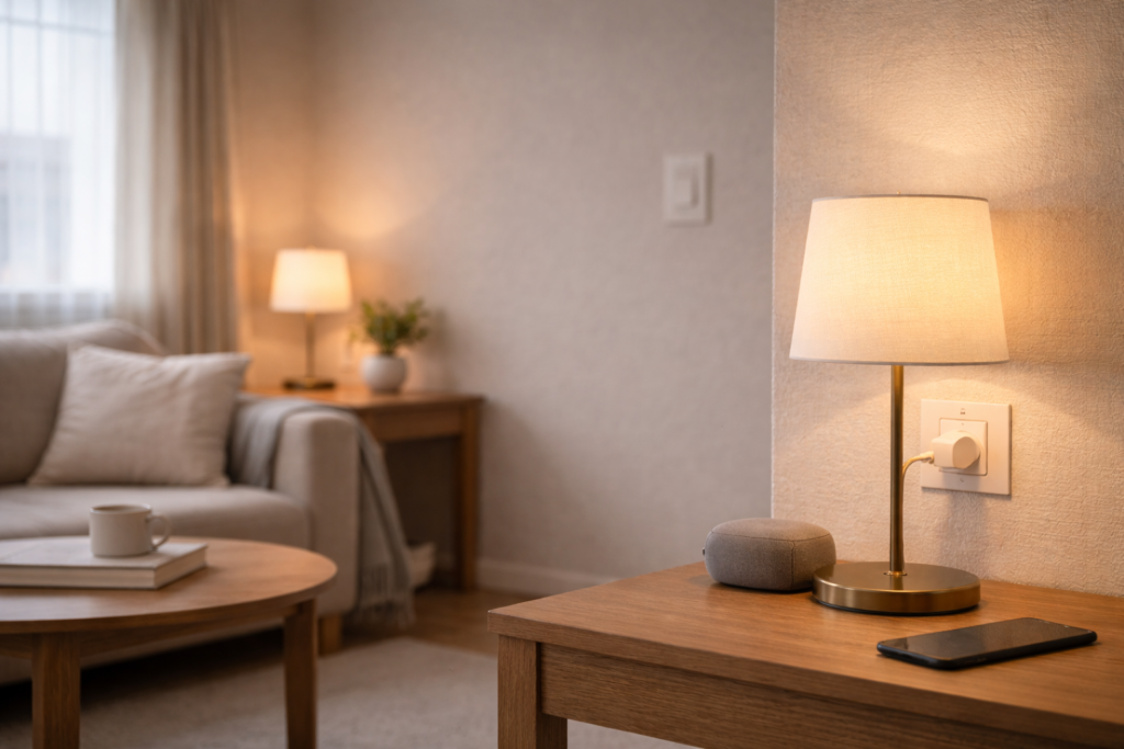 Table lamp connected to a smart plug with warm lighting in a modest shared apartment.