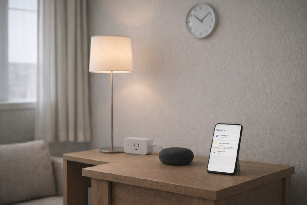 Smart home routine setup with a lamp on a smart plug, a small smart speaker, and a phone showing simple automation routines.