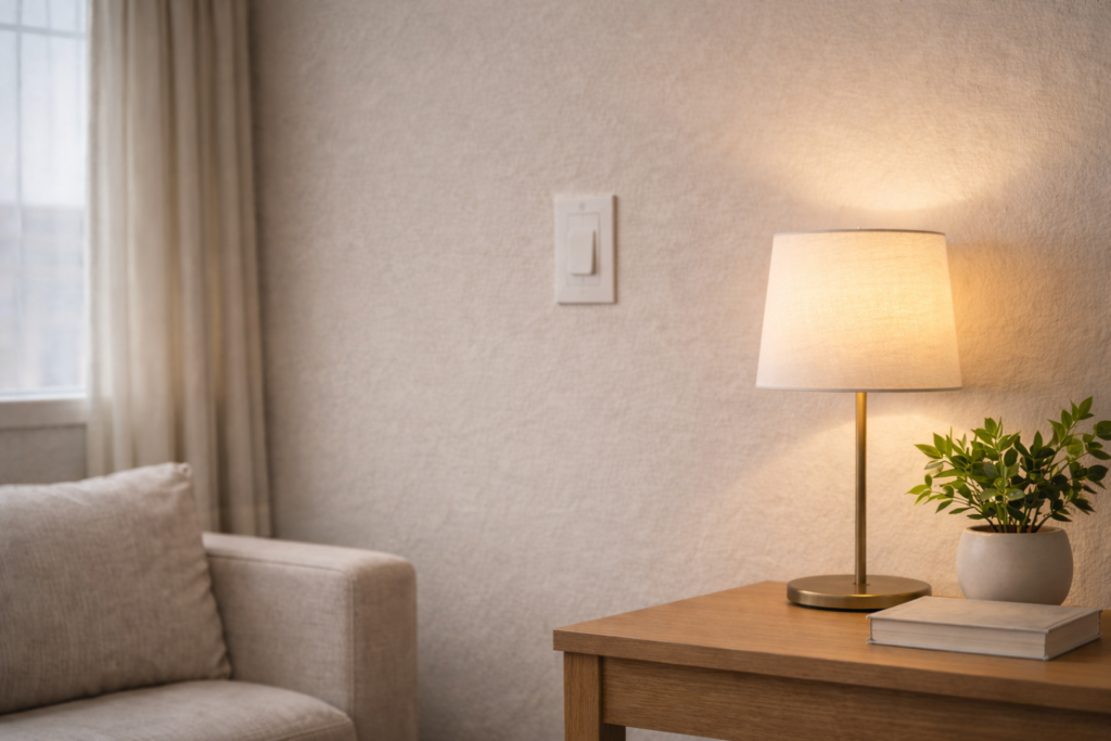 Smart bulb in a table lamp next to a standard wall light switch in a modest apartment.