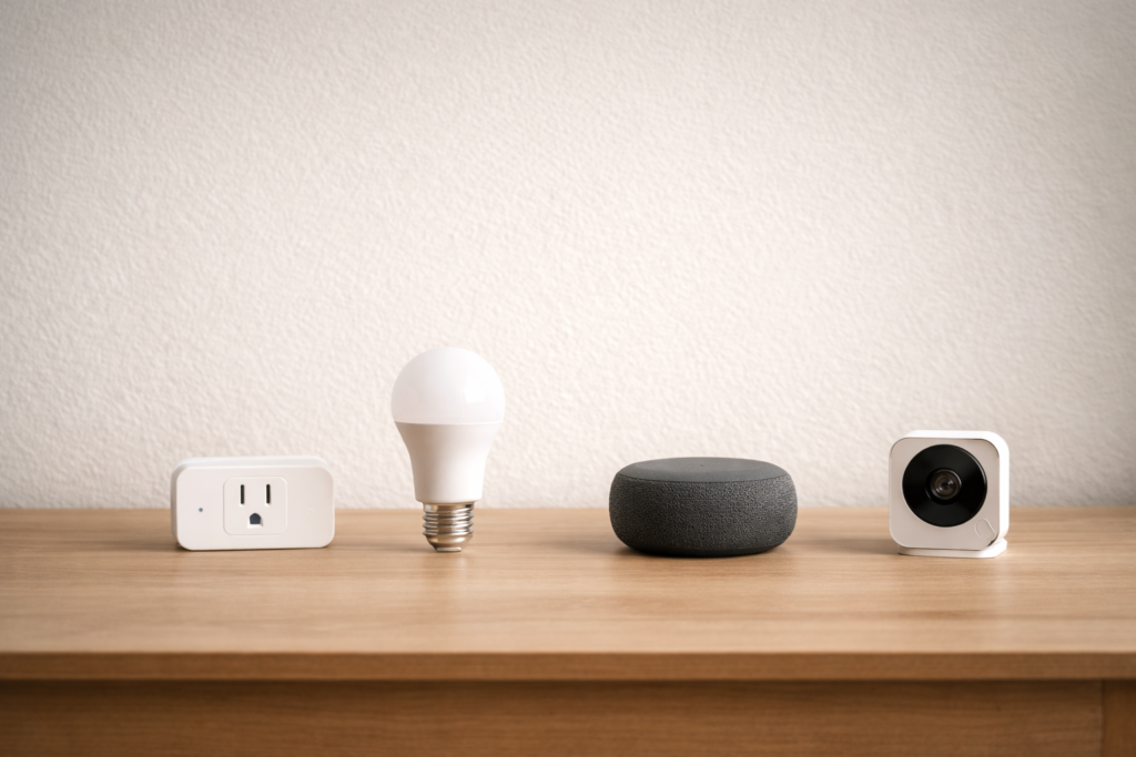 Essential budget smart home devices including a smart plug, smart bulb, smart speaker, and compact indoor camera arranged simply.