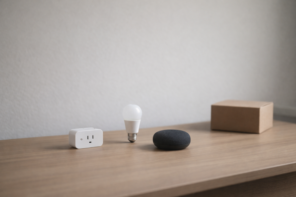 Minimalist smart home setup showing a few essential devices arranged simply to represent avoiding unnecessary smart home purchases.