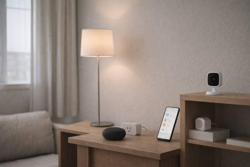 Renter friendly smart home setup using portable smart plugs, smart bulbs, a compact indoor camera, and a small smart speaker.