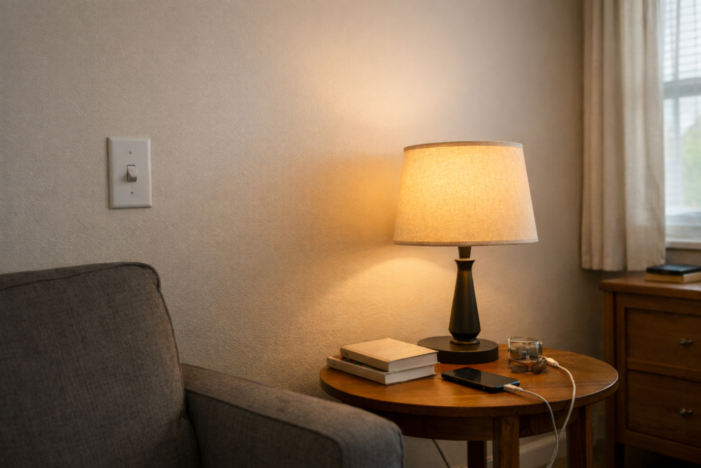 Modest apartment interior with a table lamp and wall light switch, representing a smart home on a budget decision.